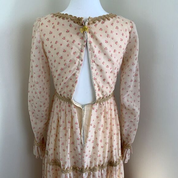 Vtg Floral Maxi Dress Ivory XS Long Sleeve Tiered Prairie Peasant Cottage 70s - Picture 6 of 16
